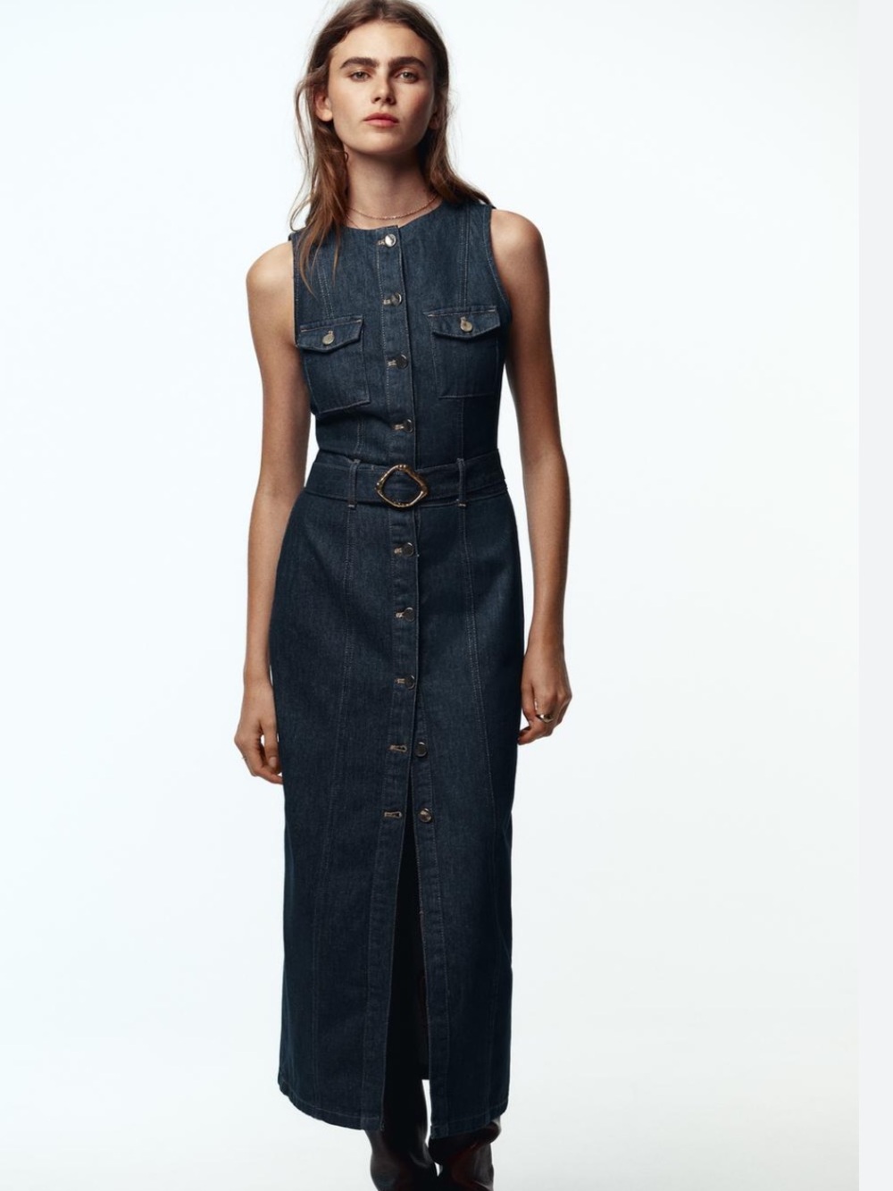ZARA Z1975 Belted Denim Midi Dress Dark Wash Button Front 7484/070/407 NWT XS